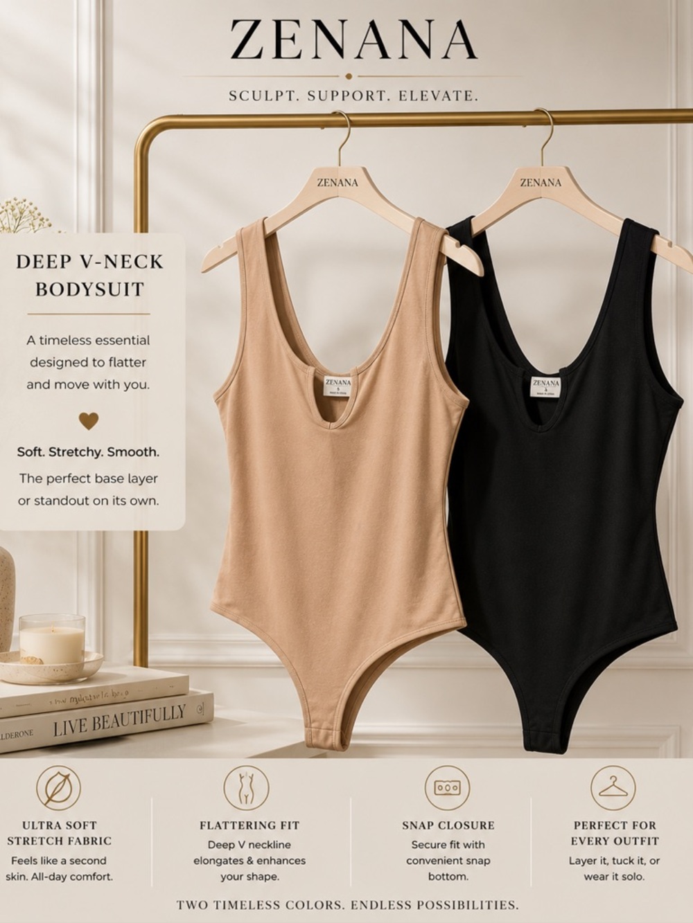 Zenana Sculpting Deep V-Neck Bodysuit Layering Essential Buttery Soft Stretch